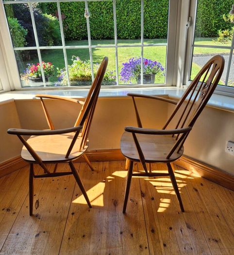 Pair of Vintage Ercol Blonde Swan Back Carver Dining Chairs