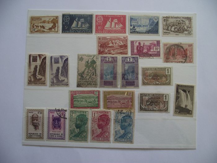 The collection of old stamps from French colonies on stock cards