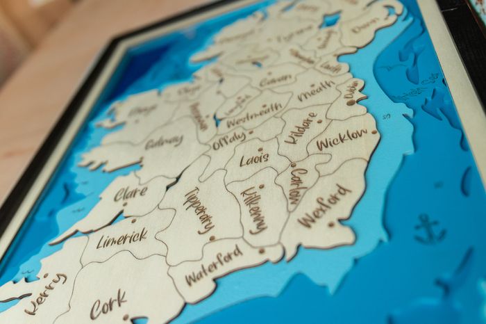 Handmade Wooden Map of Ireland - Layered Wood - Engraved with 32 Counties - Framed Wall Art
