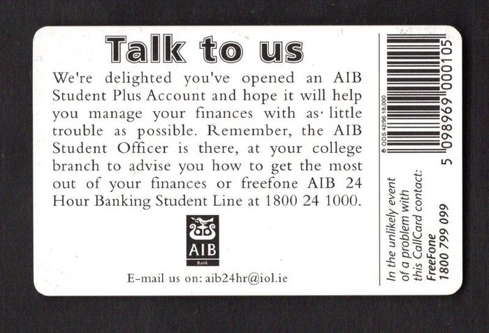 1996 Ireland 10 unit AIB "Student Plus" bank account (ODS2) Call Card used