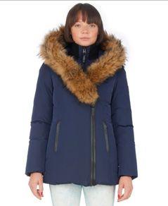 Mackage Adali Down Jacket Navy Size L Fur Trim Collar
