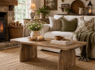 Coffee Table Mid-Century Style Sleek Oak Look with Artistic Curved Base