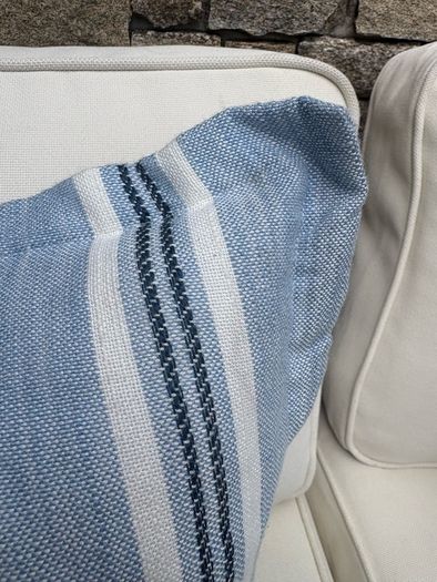 New 52cm x 52cm Oxford style Cambridge blue, French navy and white outdoor cushion