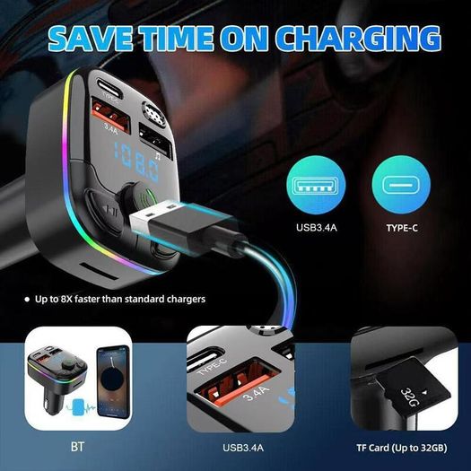 Bluetooth 5.0 FM Transmitter Car Charger PD Type-C Dual USB MP3 Player Handsfree