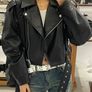 Brand New Cropped Black Faux Leather Biker Jacket Size S Image 8
