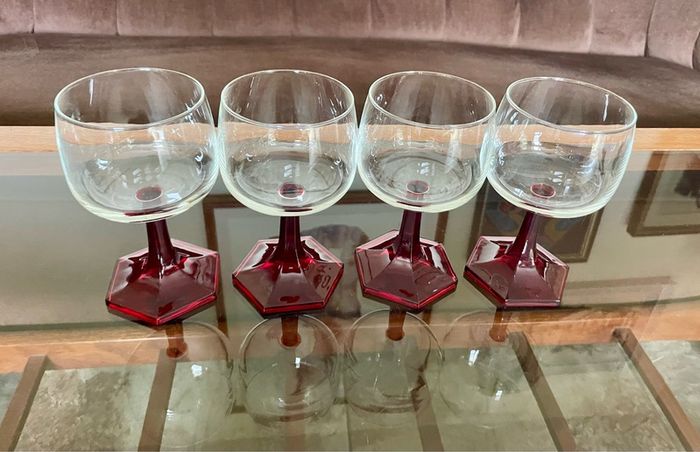 Vintage Luminarc Ruby Red Wine Glass Hexagonal Base Made in France