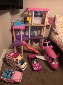 Barbie Dream house, camper van, ambulance sports car and plane
