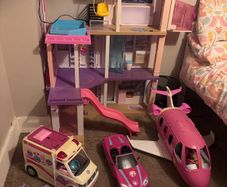 Barbie Dream house, camper van, ambulance sports car and plane