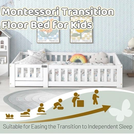 190x90 cm Toddler Floor Bed,3ft Montessori Floor Bed with Rails & Lockable Door,Single Children's Beds for Toddlers,Kids,Fall Protection Including Slatted Frame,White Solid Pine