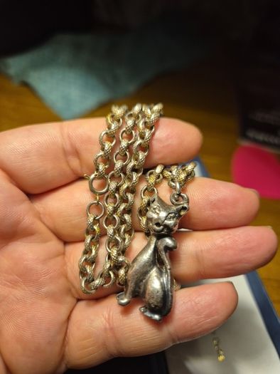 Vintage Stamped Sterling Silver Heavy Elaborate Chain and Cat Pendant