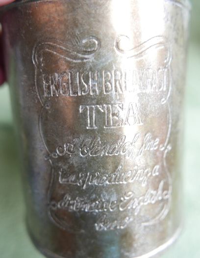 Vintage English Breakfast Tea  Engraved Round Silver Plated Container