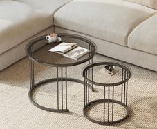 Round Coffee Tables, Set of 2 End Table, Nesting Tables, Side Table with Metal Frame for Living Room/Bedroom/Balcony/Office/Apartment, Diameter 23.6/15.7 IN (Black with Gray Glass)