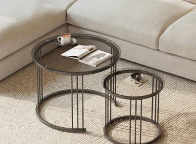 Round Coffee Tables, Set of 2 End Table, Nesting Tables, Side Table with Metal Frame for Living Room/Bedroom/Balcony/Office/Apartment, Diameter 23.6/15.7 IN (Black with Gray Glass)