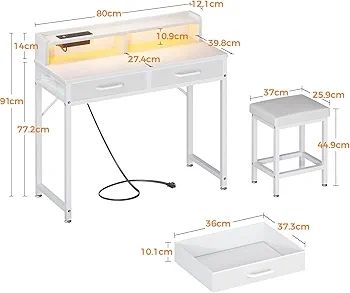 Dressing Table with LED Light Strip, Adjustable Colorful Brightness, Vanity Table with USB Power Outlets, White Vanity Desk with Stool, Makeup Desk with 2 Fabric Drawers, no Mirror, 80 /40/90cm