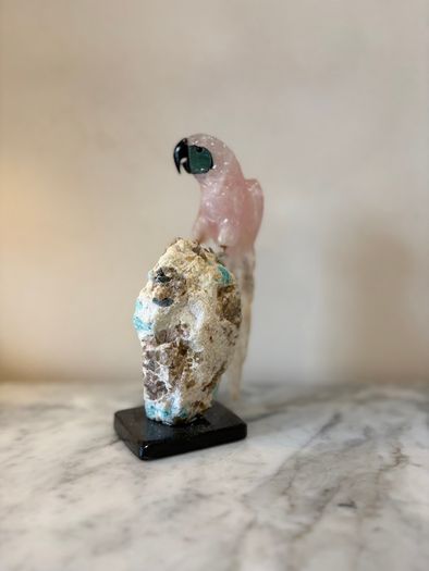 Hand-Carved Rose Quartz Parrot on Raw Amazonite & Crystal Matrix Base