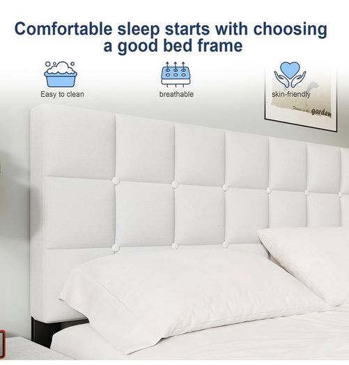 Double Bed Frame, Easy Assembly, Sturdy Wooden Slat Support, Upholstered Platform with Headboard, No Box Spring Needed, White Double Bed 135x190