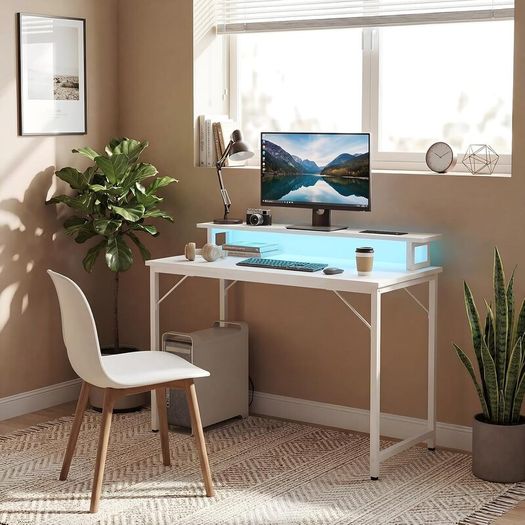 Computer Desk with Power Outlets & LED Lights, 100cm Gaming Desk with Monitor