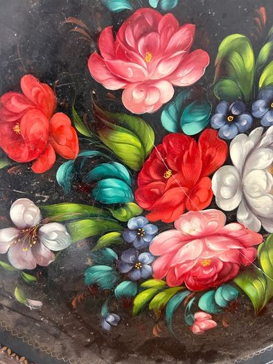 Vintage Zhostovo Hand-Painted Floral Metal Tray