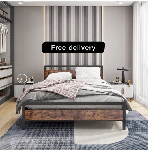 King Size Bed Frame with Wood Headboard
