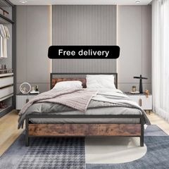 King Size Bed Frame with Wood Headboard