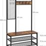 _Large Coat Stand with Bench, Clothes Rack with 9 Coat Hooks and Shoe Rack, with Grid Wall, 185 cm High, Lots of Storage, for Hallway / Bedroom, Vintage Look, Dark Brown Image 4