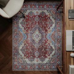 Machine Washable Rug, 122x170cm, 75% Recycled Cotton, Short Pile, Non-Slip Backing, Non-Shedding, Suitable for Bedroom, Kitchen, Hallway, Office, Midsize, Burgundy Red & Blue