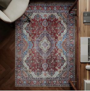 Machine Washable Rug, 122x170cm, 75% Recycled Cotton, Short Pile, Non-Slip Backing, Non-Shedding, Suitable for Bedroom, Kitchen, Hallway, Office, Midsize, Burgundy Red & Blue