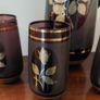 Fabulous Vintage Retro Mid-Century-Modern Hand Blown Tall Glass Pitcher with Six Matching Glasses in Purple/Amethyst Glass with Rose Pattern and Rose Gold Gilt Banding and Frosted Effect Image 4