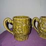 Vintage Japanese green embossed ceramic pair of mugs and milk jug Image 2