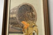 painting : Still Life Painting of Fruit &amp; Basket Artist: Signed Bill Murphy (lower left).  Medium &amp; Subject: An original expressionist or mid-century style still life featuring a tilted wicker hamper or basket with cascading oranges/fruit draped o