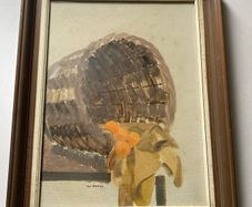 painting : Still Life Painting of Fruit & Basket Artist: Signed Bill Murphy (lower left).  Medium & Subject: An original expressionist or mid-century style still life featuring a tilted wicker hamper or basket with cascading oranges/fruit draped o