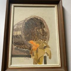 painting : Still Life Painting of Fruit & Basket Artist: Signed Bill Murphy (lower left).  Medium & Subject: An original expressionist or mid-century style still life featuring a tilted wicker hamper or basket with cascading oranges/fruit draped o