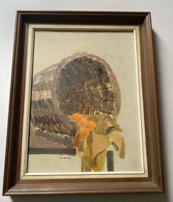 painting : Still Life Painting of Fruit & Basket Artist: Signed Bill Murphy (lower left).  Medium & Subject: An original expressionist or mid-century style still life featuring a tilted wicker hamper or basket with cascading oranges/fruit draped o