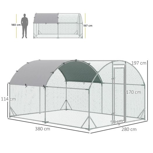 Walk In Chicken Run Galvanised Chicken Coop Hen Poultry House Cage Rabbit Hutch Pet Playpen Garden with Water-Resist Cover, 2.8 x 3.8 x 2m