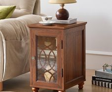 Slim Bedside Table, Farmhouse Nightstand, Glass Door Narrow Bedside Table with Storage, Brown Slim Bedside Cabinets with Adjustable Shelf, Small Side Tables