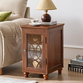 Slim Bedside Table, Farmhouse Nightstand, Glass Door Narrow Bedside Table with Storage, Brown Slim Bedside Cabinets with Adjustable Shelf, Small Side Tables