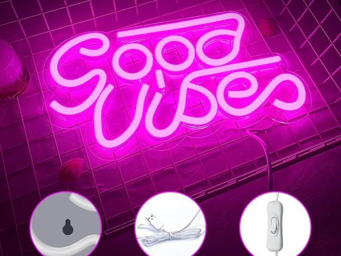 Good Vibes Neon Signs (13" X 7"), Cisteen Led Neon Light Signs with Acrylic Board, Goodvibes Neon Word Light Wall Decor Powered by USB for Bedroom, Makeup Room, Game Room,Bar,Wedding,Party (FREE POSTAGE)