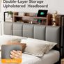 4ft6 Double Bed Frame with Storage Upholstered Headboard, LED Light & Charging Station, Platform Metal Bed Frame Double with Underbed Storage, Strong Metal Slat Support Image 5