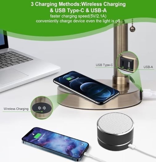 Bankers Office Desk Lamp, Vintage Green Glass Table Lamp with Brass Base, Classic Retro Light with Wireless Charging&USB Port