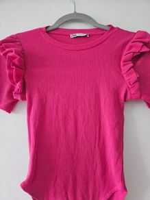 ZARA Pink Ribbed Bodysuit with Ruffle Sleeves Size S
