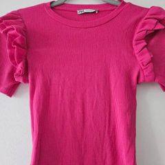 ZARA Pink Ribbed Bodysuit with Ruffle Sleeves Size S