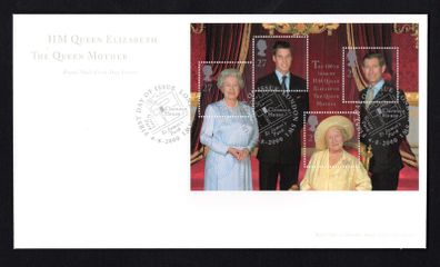 2000 Great Britain HM Queen Elizabeth The Queen Mother 100th Birthday Commemorative Stamps Miniature Sheet Royal Mail Addressed First Day Cover (FDC) with St James Park SW1 cancel.