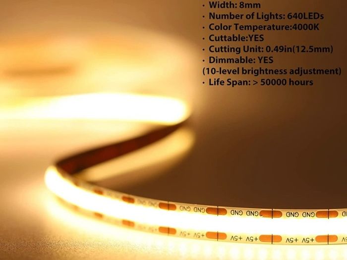 2M 5V COB LED Strip Light, 640LEDs Warm White 3000K Dimmable LED Tape CRI85+ Flexible Tape Light for TV Monitor Backlight, Mirror, Cabinet, Wardrobe, Home DIY Lighting (FREE POSTAGE)