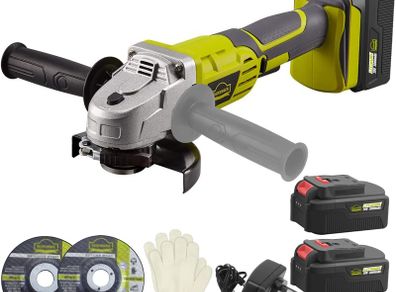 Cordless Angle Grinder 2x3000mAh 20V Li-Ion Batteries & Fast Charger, 2-Position Adjustable Auxiliary Handle, Electric Brake, 1 Cutting &1 Grinding Wheel for Carpenter, Builder
