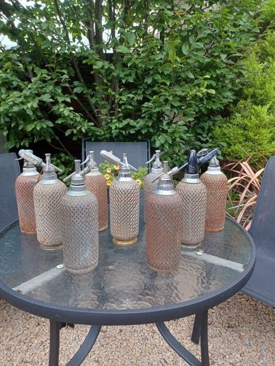 Antique, Soda Syphon, Glass Bottle, Steel mesh, Pub Memorabilia