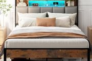 4ft6 Double Bed Frame with Storage Upholstered Headboard, LED Light &amp; Charging Station, Platform Metal Bed Frame Double with Underbed Storage, Strong Metal Slat Support