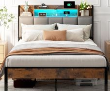 4ft6 Double Bed Frame with Storage Upholstered Headboard, LED Light & Charging Station, Platform Metal Bed Frame Double with Underbed Storage, Strong Metal Slat Support