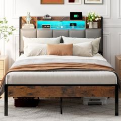 4ft6 Double Bed Frame with Storage Upholstered Headboard, LED Light & Charging Station, Platform Metal Bed Frame Double with Underbed Storage, Strong Metal Slat Support