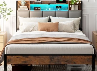 4ft6 Double Bed Frame with Storage Upholstered Headboard, LED Light & Charging Station, Platform Metal Bed Frame Double with Underbed Storage, Strong Metal Slat Support