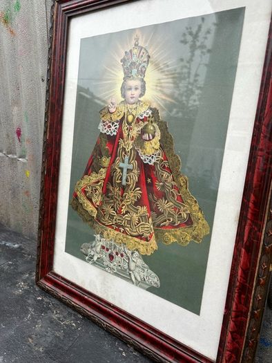 Antique Infant of Prague framed underglass c1940